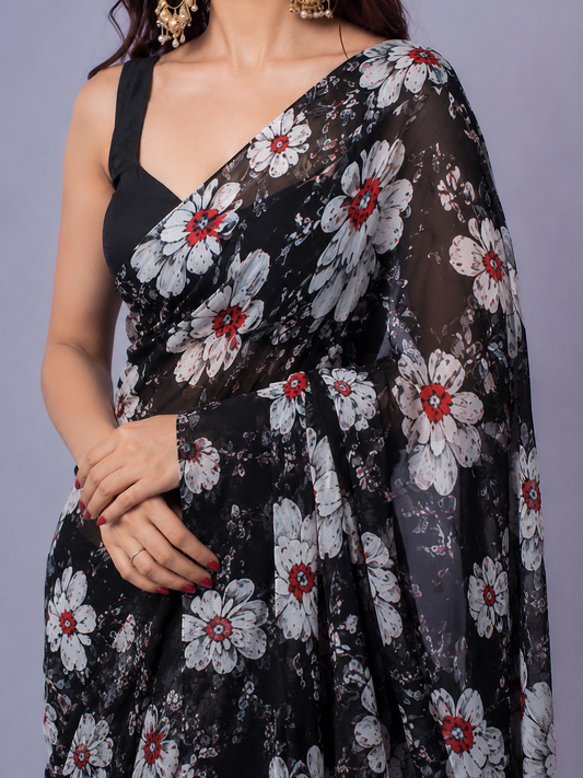 KS Women's Georgette Printed Satin Patta Saree with Unstitched Blouse Piece, Black, One Size