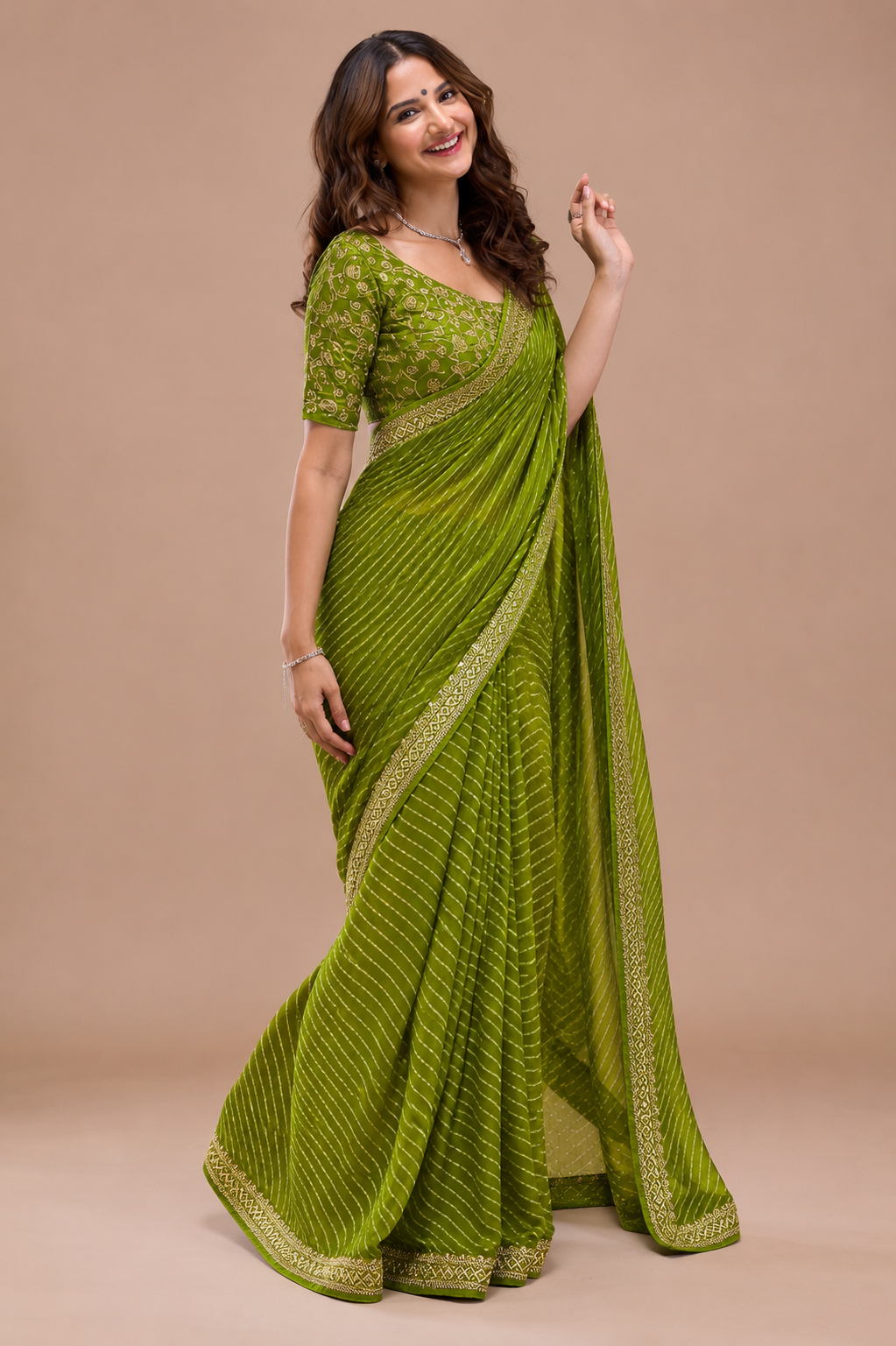 KS Women's Leheriya Printed & Lace Georgette Saree With Unstitched Blouse Piece(2555S283_) 5.5 Meters Olive Green, White