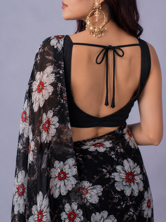 KS  Women's Georgette Printed Satin Patta Saree with Unstitched Blouse Piece, Black, One Size