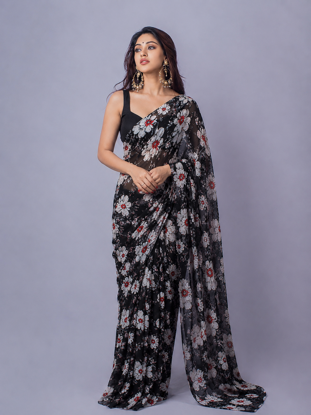 KS  Women's Georgette Printed Satin Patta Saree with Unstitched Blouse Piece, Black, One Size