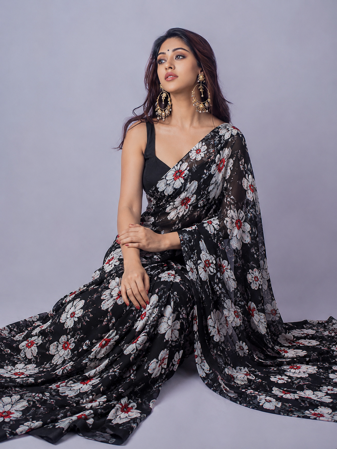 KS  Women's Georgette Printed Satin Patta Saree with Unstitched Blouse Piece, Black, One Size