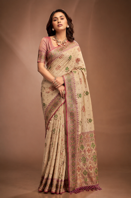KS Women's Patola silk saree for Patola festival Wedding silk with rich pallu Design sarees for women with blouse piece (CREAM)