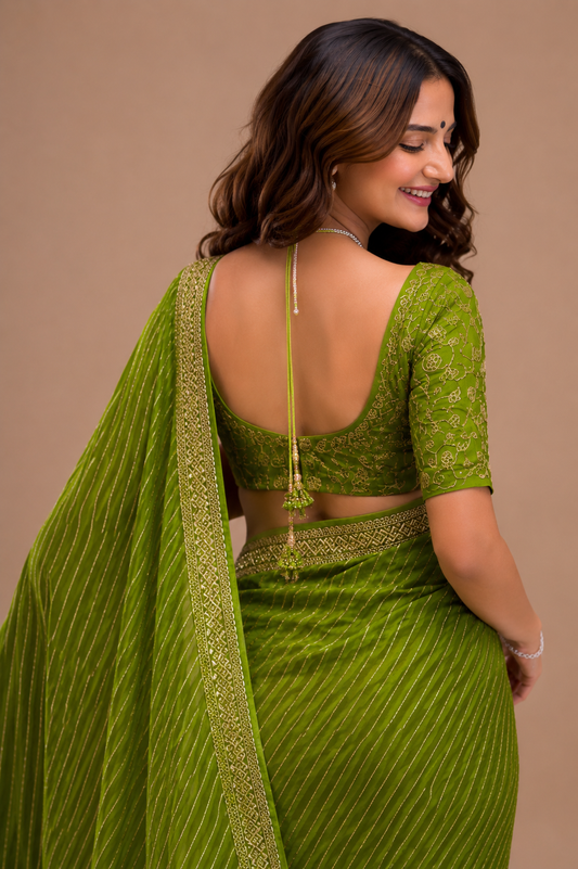 KS Women's Leheriya Printed & Lace Georgette Saree With Unstitched Blouse Piece(2555S283_) 5.5 Meters Olive Green, White
