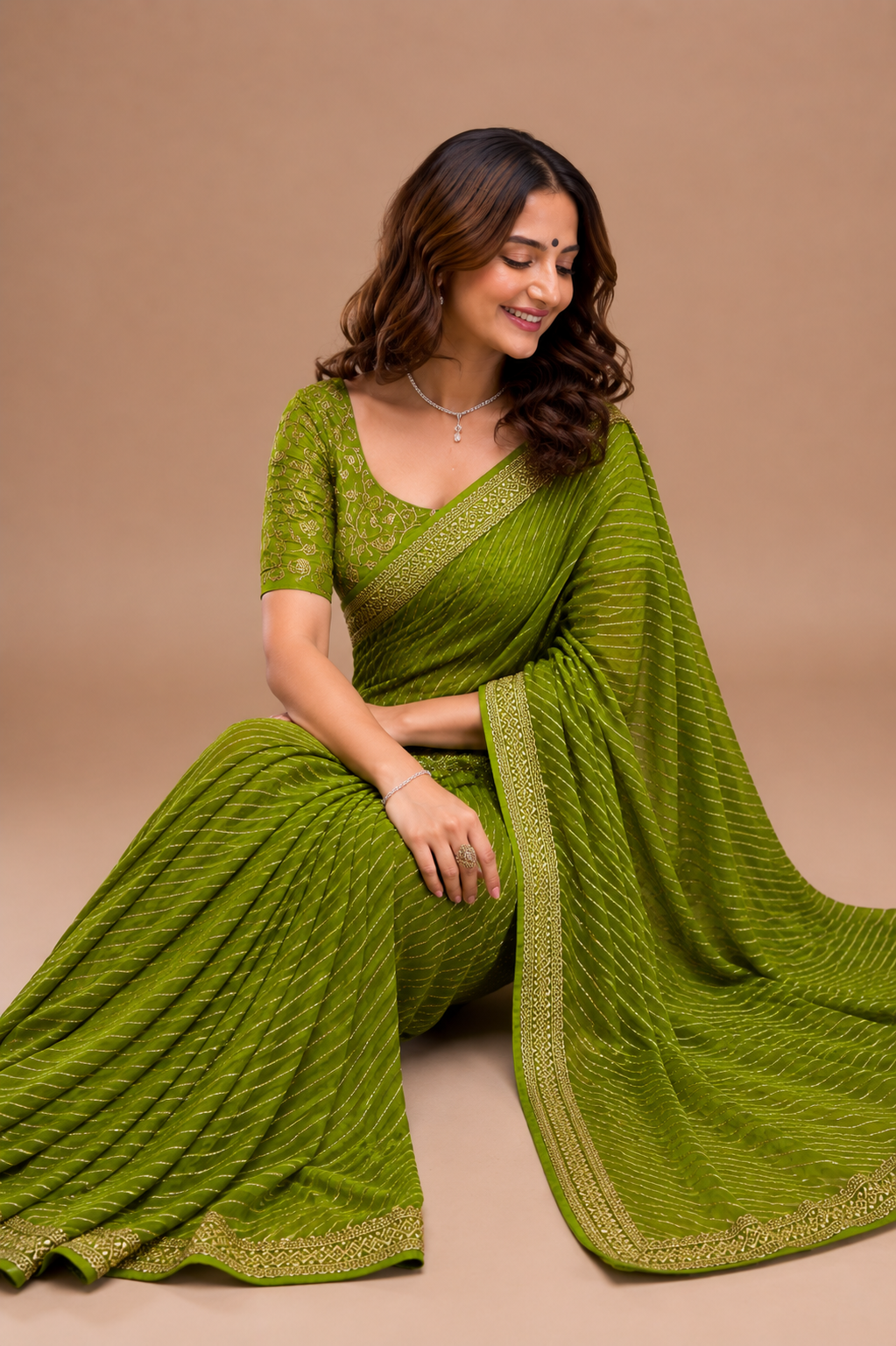 KS Women's Leheriya Printed & Lace Georgette Saree With Unstitched Blouse Piece(2555S283_) 5.5 Meters Olive Green, White