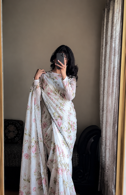 KS Women's Georgette Printed Ready To Wear one Minute Saree With Unstitched Blouse Piece (1000 Butty White_White_Free Size)