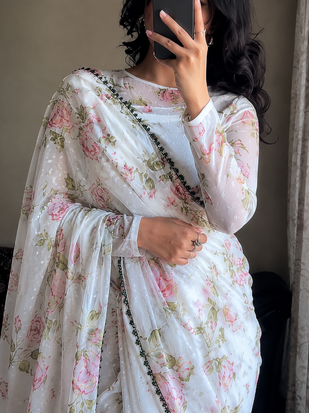 KS Women's Georgette Printed Ready To Wear one Minute Saree With Unstitched Blouse Piece (1000 Butty White_White_Free Size)