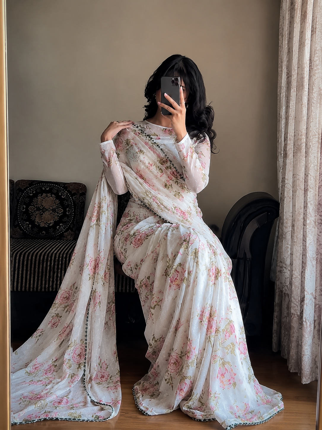 KS Women's Georgette Printed Ready To Wear one Minute Saree With Unstitched Blouse Piece (1000 Butty White_White_Free Size)