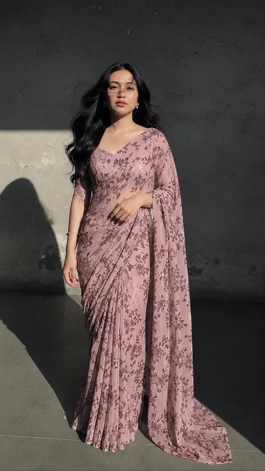 KS Women's Georgette Printed Ready To Wear one Minute Saree With Unstitched Blouse Piece (1000 Butty White_White_Free Size)