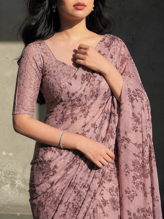 KS Women's Georgette Printed Ready To Wear one Minute Saree With Unstitched Blouse Piece (1000 Butty White_White_Free Size)