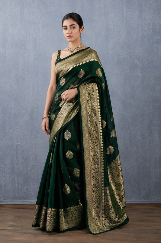 KS Banarasi Pure Silk Kanjivaram Saree for Women with Blouse (paithani Pari122), dark green, One size