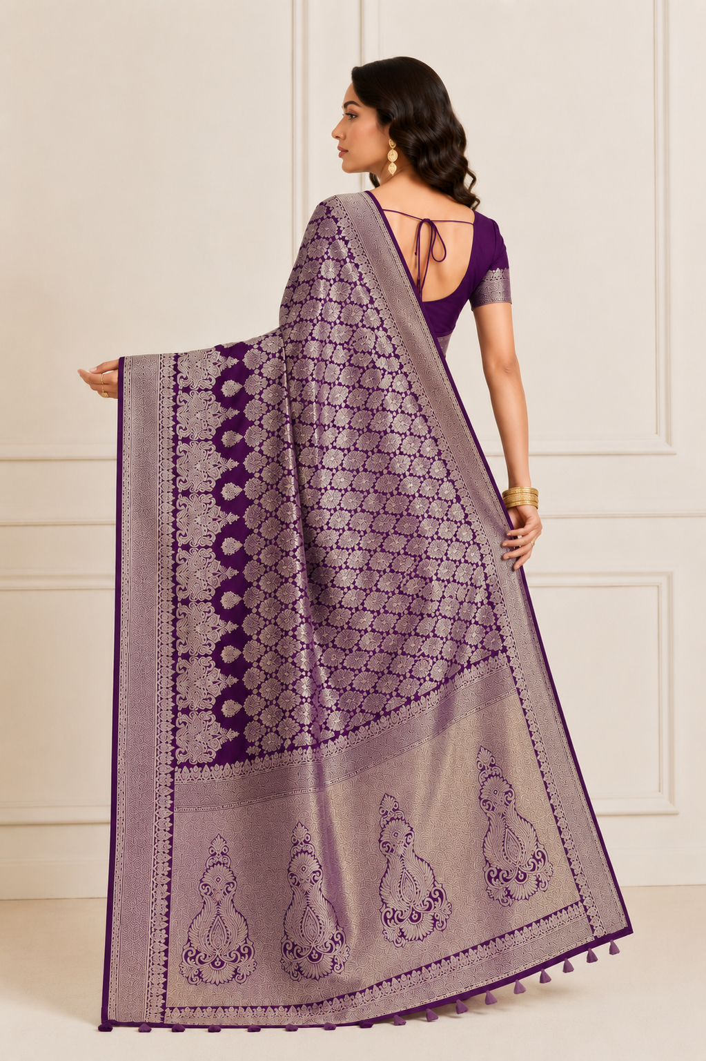 KS Banarasi Women's Kanjivaram Navy Silk Saree, One size
