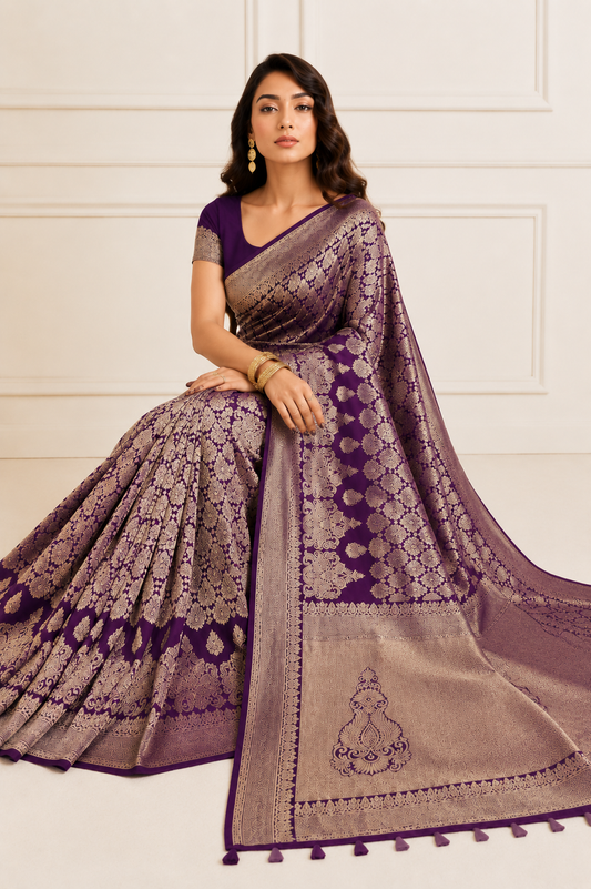 KS Banarasi Women's Kanjivaram Navy Silk Saree, One size