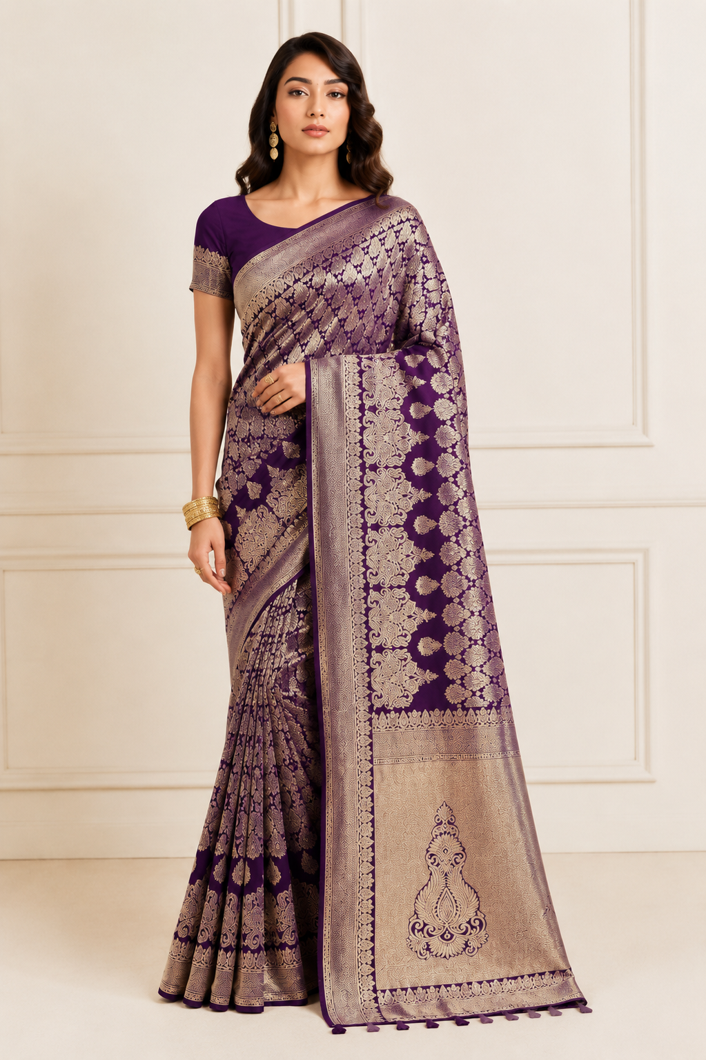 KS Banarasi Women's Kanjivaram Navy Silk Saree, One size
