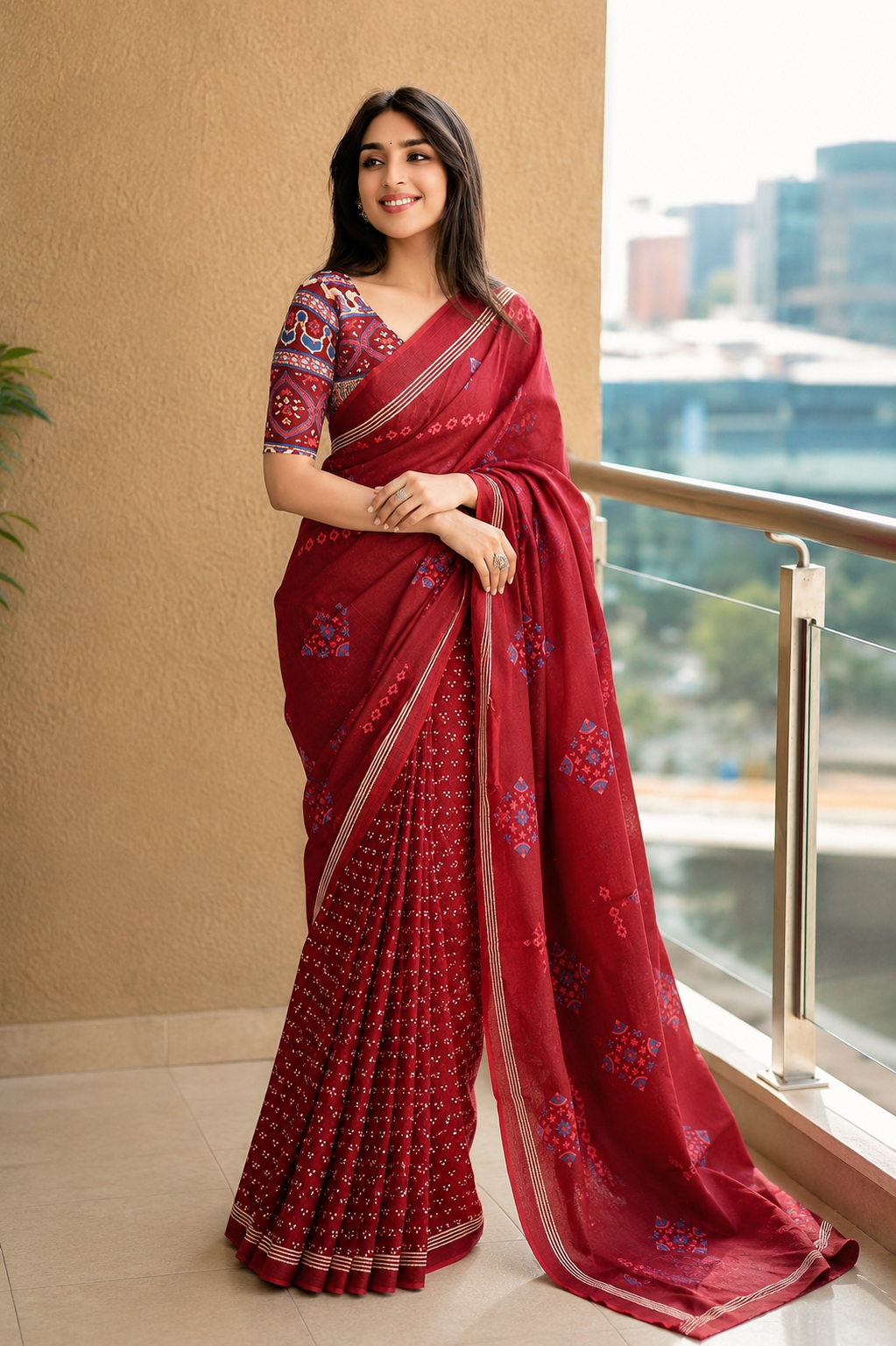 KS Women's Ikat Hand Block Print Jaipuri Cotton Mulmul Saree with Blouse Piece