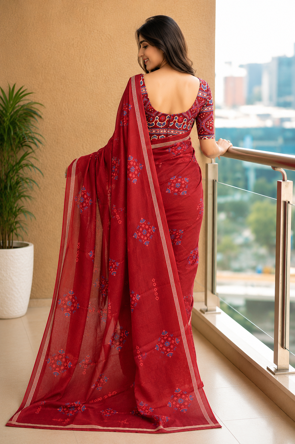 KS Women's Ikat Hand Block Print Jaipuri Cotton Mulmul Saree with Blouse Piece