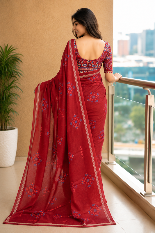 KS Woman Cotton Blend Printed | Elegant Traditional Sari for Farewell and Social Gatherings with Blouse Piece