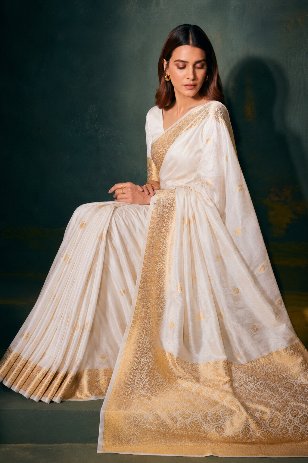 KS Women's Banarasi Patola Silk Blend Saree With Blouse Piece White 5.5 Meters