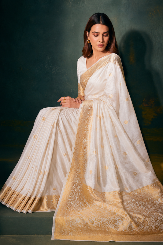 KS Women's Banarasi Patola Silk Blend Saree With Blouse Piece White 5.5 Meters