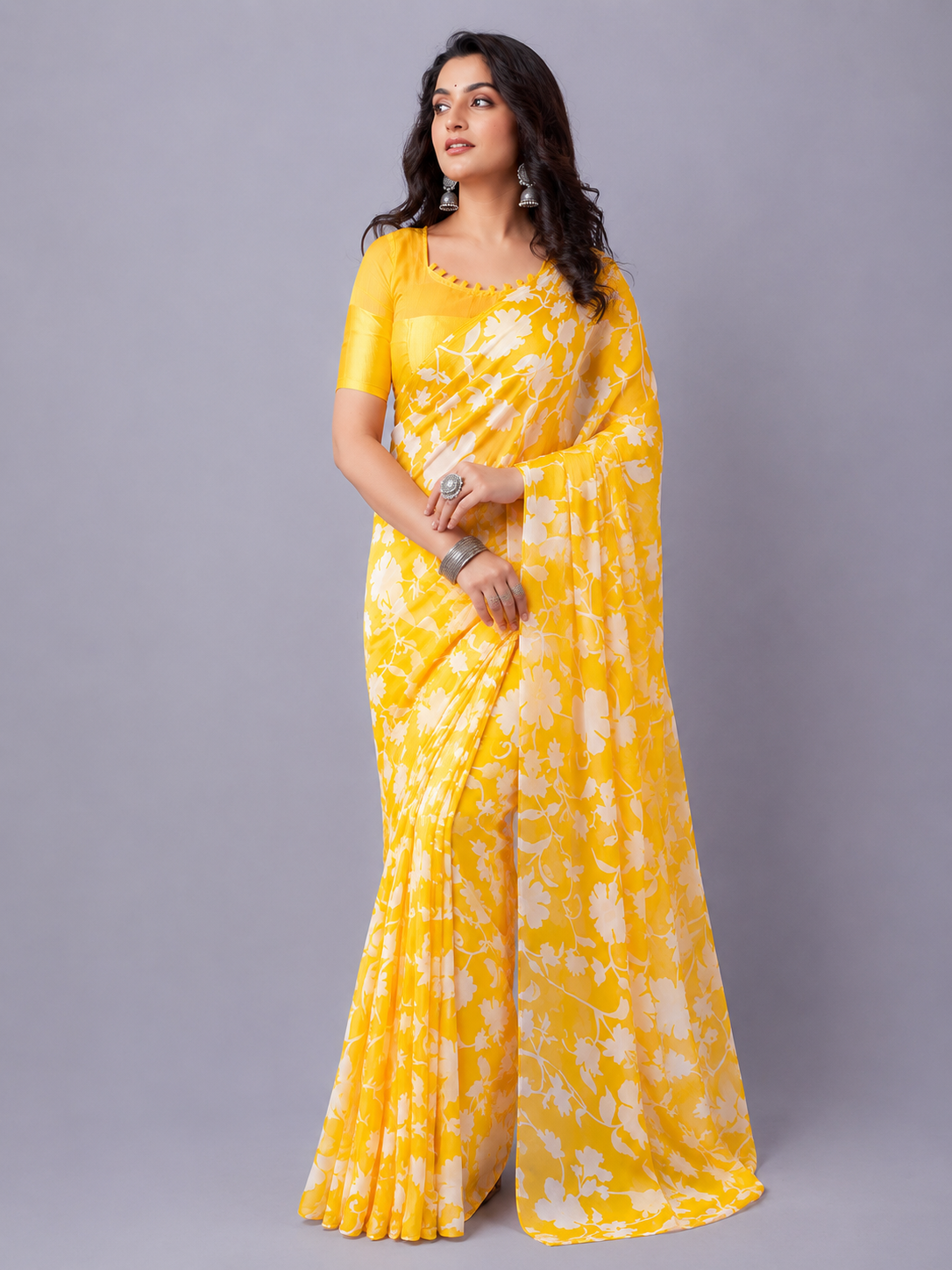 KS  Women's Georgette Printed Satin Patta Saree with Unstitched Blouse Piece, Black, One Size